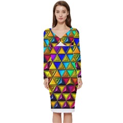 Cube Diced Tile Background Image Long Sleeve V-neck Bodycon Dress  by Hannah976