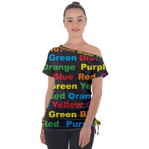 Red Yellow Blue Green Purple Off Shoulder Tie-up T-shirt by Sarkoni