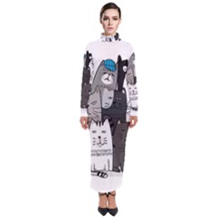 Cute Cat Hand Drawn Cartoon Style Turtleneck Maxi Dress