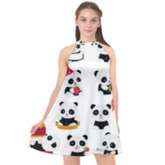 Playing Pandas Cartoons Halter Neckline Chiffon Dress 