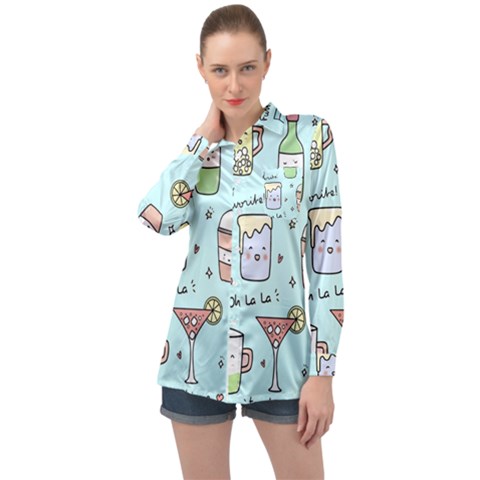 Drinks Cocktails Doodle Coffee Long Sleeve Satin Shirt by Apen