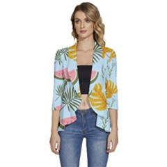 Watermelon Leaves Fruit Foliage Women s 3/4 Sleeve Ruffle Edge Open Front Jacket by Apen