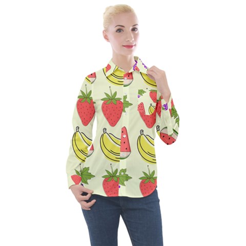 Fruits Pattern Background Food Women s Long Sleeve Pocket Shirt by Apen