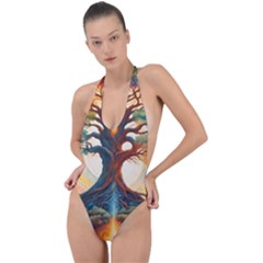 Tree Cosmic Spiritual Meditation Backless Halter One Piece Swimsuit by Apen