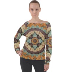 Mandala Floral Decorative Flower Art Off Shoulder Long Sleeve Velour Top by Ravend