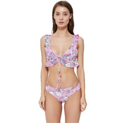 Beautiful Cute Animals Pattern Pink Low Cut Ruffle Edge Bikini Set by Grandong