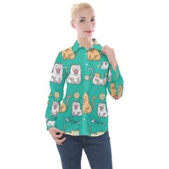 Seamless Pattern Cute Cat Cartoon With Hand Drawn Style Women s Long Sleeve Pocket Shirt