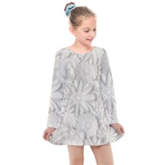 Damask, Desenho, Flowers, Gris Kids  Long Sleeve Dress