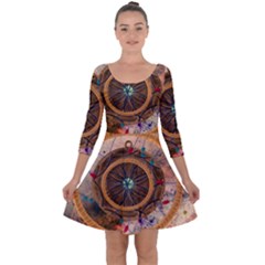 Dreamcatcher, Abstract, Colorful, Colors, Dream, Golden, Vintage Quarter Sleeve Skater Dress