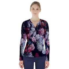 Floral Pattern, Red, Floral Print, E, Dark, Flowers V-neck Long Sleeve Top by nateshop