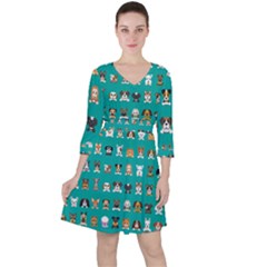 Different Type Vector Cartoon Dog Faces Quarter Sleeve Ruffle Waist Dress by Bedest