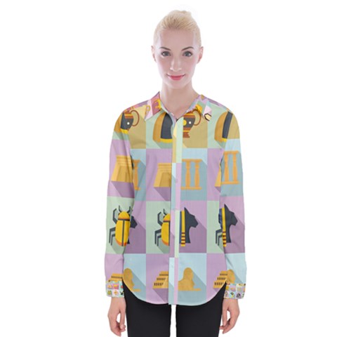 Egypt Icons Set Flat Style Womens Long Sleeve Shirt by Bedest