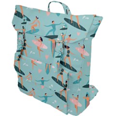 Beach Surfing Surfers With Surfboards Surfer Rides Wave Summer Outdoors Surfboards Seamless Pattern Buckle Up Backpack by Bedest