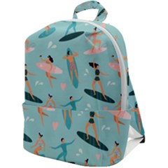 Beach Surfing Surfers With Surfboards Surfer Rides Wave Summer Outdoors Surfboards Seamless Pattern Zip Up Backpack by Bedest