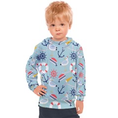 Nautical Marine Symbols Seamless Pattern Kids  Hooded Pullover by Hannah976