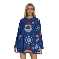 Santa Clauses Wallpaper Round Neck Long Sleeve Bohemian Style Chiffon Mini Dress