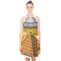 Unidentified Flying Object Ufo Under The Pyramid Halter Collar Waist Tie Chiffon Dress by Sarkoni