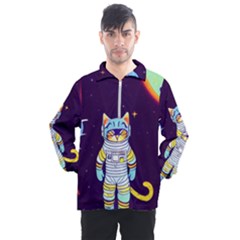 Cat Astronaut Space Retro Universe Men s Half Zip Pullover by Bedest