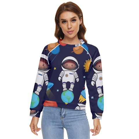 Boy Spaceman Space Rocket Ufo Planets Stars Women s Long Sleeve Raglan T-shirt by Ndabl3x