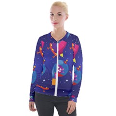 Cartoon Funny Aliens With Ufo Duck Starry Sky Set Velvet Zip Up Jacket