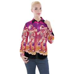 Astronaut Spacesuit Standing Surfboard Surfing Milky Way Stars Women s Long Sleeve Pocket Shirt