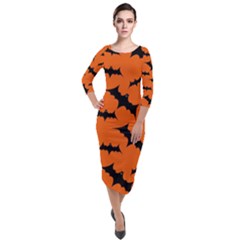 Halloween Card With Bats Flying Pattern Quarter Sleeve Midi Velour Bodycon Dress