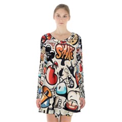 Comical Words Animals Comic Omics Crazy Graffiti Long Sleeve Velvet V-neck Dress by Bedest