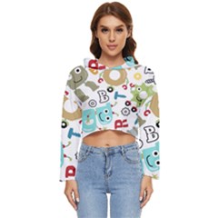 Seamless Pattern Vector With Funny Robots Cartoon Women s Lightweight Cropped Hoodie by Hannah976