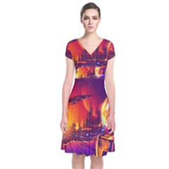 Far Future Human Colonization Short Sleeve Front Wrap Dress by Hannah976