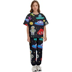 Seamless Pattern With Space Objects Ufo Rockets Aliens Hand Drawn Elements Space Kids  T-shirt And Pants Sports Set by Hannah976