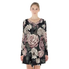 Elegant Seamless Pattern Blush Toned Rustic Flowers Long Sleeve Velvet V-neck Dress