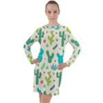 Cactus Succulents Floral Seamless Pattern Long Sleeve Hoodie Dress