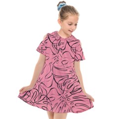 Pink Monstera Kids  Short Sleeve Shirt Dress