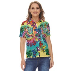 Grateful Dead Bears Tie Dye Vibrant Spiral Women s Short Sleeve Double Pocket Shirt