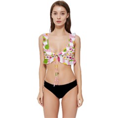 Tropical Fruits Berries Seamless Pattern Low Cut Ruffle Edge Bikini Top by Ravend