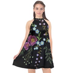 Embroidery Trend Floral Pattern Small Branches Herb Rose Halter Neckline Chiffon Dress 