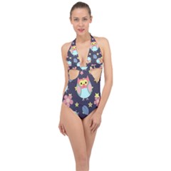 Owl Stars Pattern Background Halter Front Plunge Swimsuit by Apen