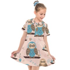 Seamless Pattern Owls Dream Cute Style Pajama Fabric Kids  Short Sleeve Shirt Dress