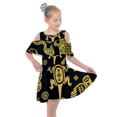 Mexican Culture Golden Tribal Icons Kids  Shoulder Cutout Chiffon Dress by Apen