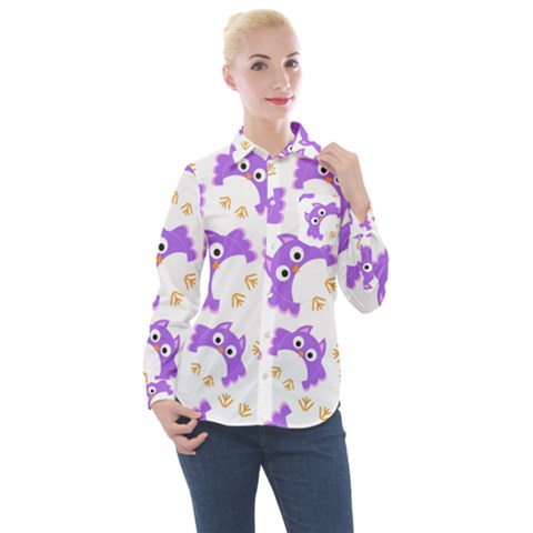 Purple Owl Pattern Background Women s Long Sleeve Pocket Shirt by Apen