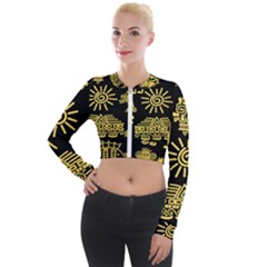 Maya Style Gold Linear Totem Icons Long Sleeve Cropped Velvet Jacket