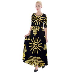 Maya Style Gold Linear Totem Icons Half Sleeves Maxi Dress by Apen