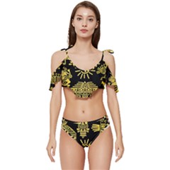 Maya Style Gold Linear Totem Icons Ruffle Edge Tie Up Bikini Set	 by Apen