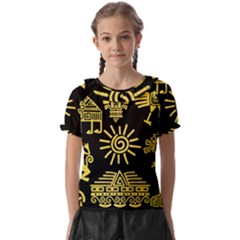 Maya Style Gold Linear Totem Icons Kids  Frill Chiffon Blouse by Apen