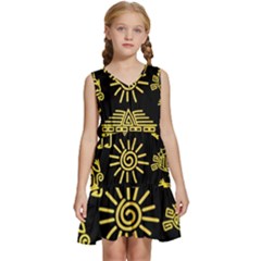 Maya Style Gold Linear Totem Icons Kids  Sleeveless Tiered Mini Dress by Apen