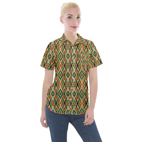 Pattern Design Vintage Abstract Women s Short Sleeve Pocket Shirt by Jatiart