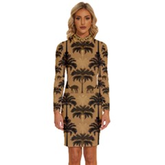 Camel Palm Tree Patern Long Sleeve Shirt Collar Bodycon Dress by Jatiart