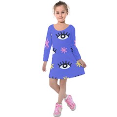 Eye Star Asterisk Pattern Background Kids  Long Sleeve Velvet Dress by Ravend