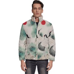 Japanese Crane Painting Of Bird Men s Puffer Bubble Jacket Coat by Cendanart