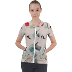 Japanese Crane Painting Of Bird Short Sleeve Zip Up Jacket by Cendanart